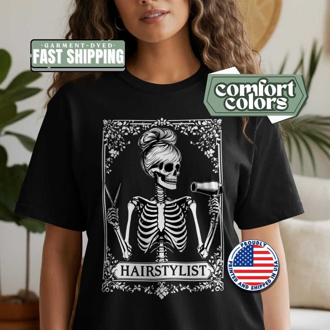Skeleton Hairstylist T-Shirt Comfort Colors Stylist Halloween Shirt Retro Skeleton Graphic Top Funny Hairdresser Tee Halloween Barber Shirt