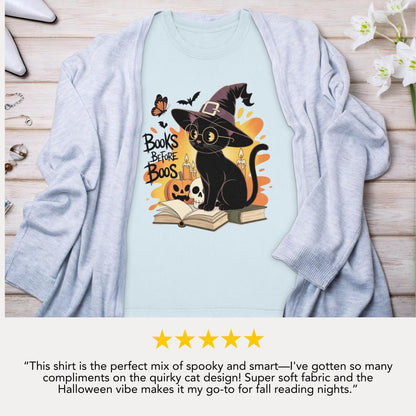 Books Before Boos T-Shirt Cute Halloween Black Cat Witch Graphic Tee Spooky Season Book Lover Gift Literary Halloween Shirt Bookworm Tee