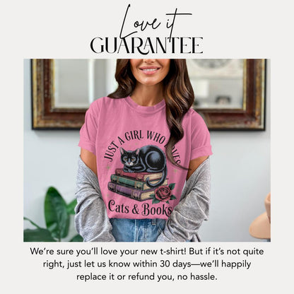 Just a Girl Who Loves Cats & Books T-Shirt Comfort Colors Cute Cat Lover Shirt Bookworm Tee Cozy Reading Cat Graphic Tee Gift for Booklover
