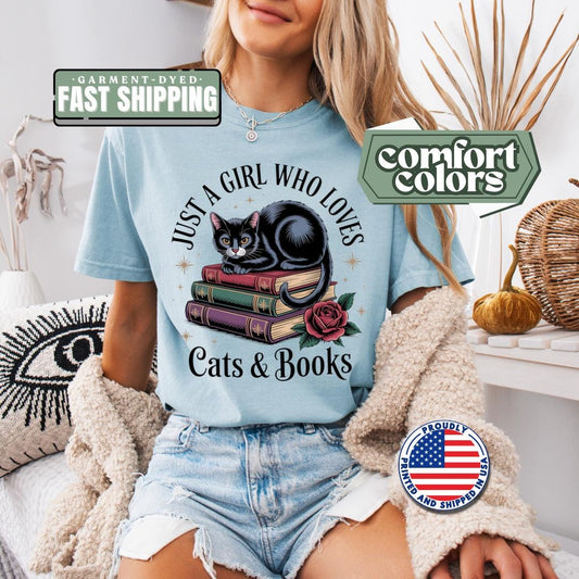 Just a Girl Who Loves Cats & Books T-Shirt Comfort Colors Cute Cat Lover Shirt Bookworm Tee Cozy Reading Cat Graphic Tee Gift for Booklover