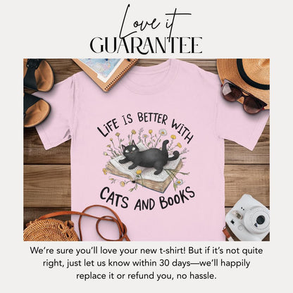 Life Is Better With Cats And Books T-Shirt Comfort Colors Black Cat Graphic Tee for Cat Lovers Cozy Reading Bookworm Gift Book Lover Tee