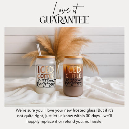 Iced Coffee Lover 16oz Frosted Glass Cup with Bamboo Lid & Straw Cute Aesthetic Iced Coffee Glass Mug Barista Gift for Coffee Addict Cup