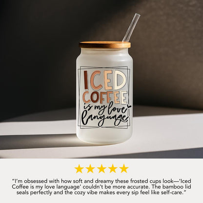 Iced Coffee Lover 16oz Frosted Glass Cup with Bamboo Lid & Straw Cute Aesthetic Iced Coffee Glass Mug Barista Gift for Coffee Addict Cup