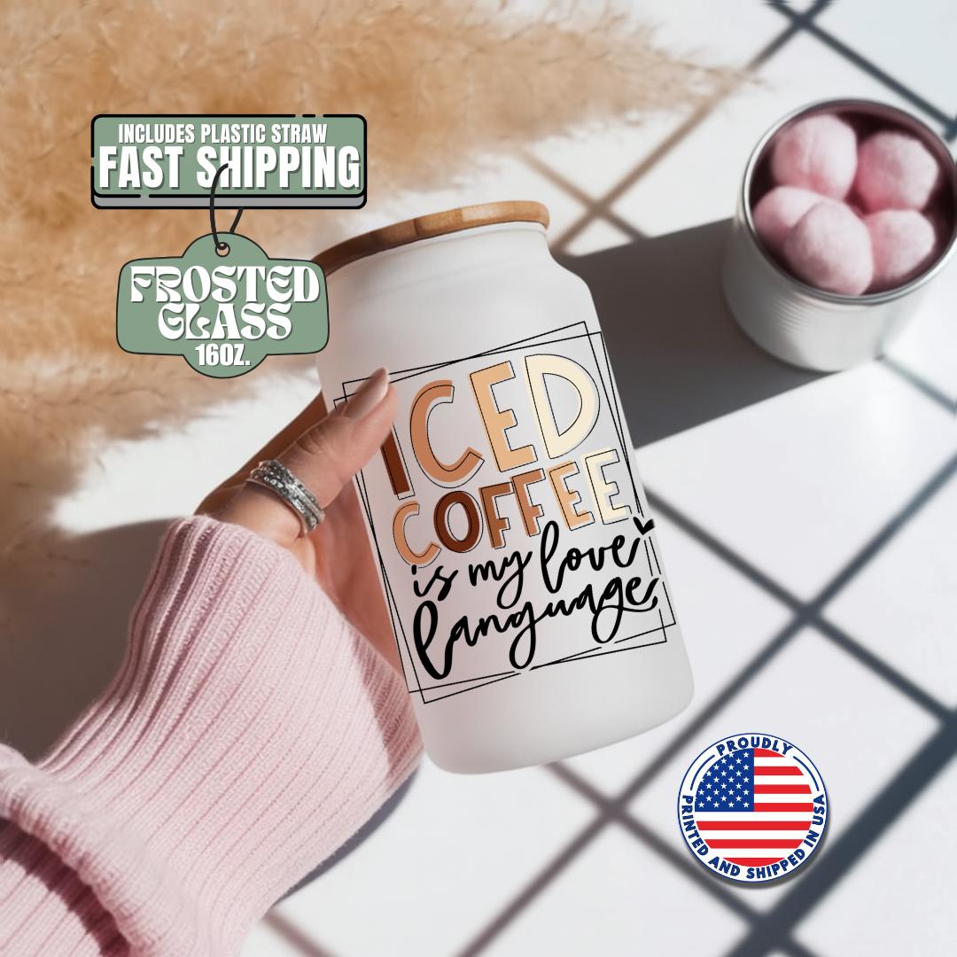 Iced Coffee Lover 16oz Frosted Glass Cup with Bamboo Lid & Straw Cute Aesthetic Iced Coffee Glass Mug Barista Gift for Coffee Addict Cup