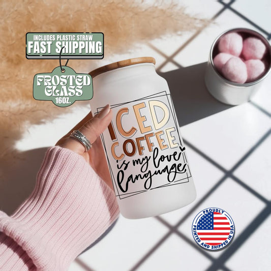 Iced Coffee Lover 16oz Frosted Glass Cup with Bamboo Lid & Straw Cute Aesthetic Iced Coffee Glass Mug Barista Gift for Coffee Addict Cup