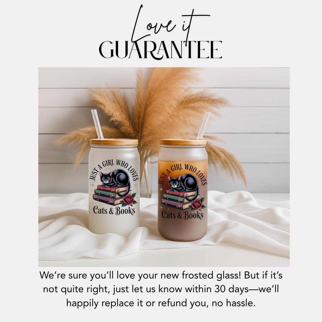 Just A Girl Who Loves Cats And Books Frosted Glass Cup 16oz Frosted Glass Tumbler with Bamboo Lid & Straw Cute Black Cat Gift For Cat Moms