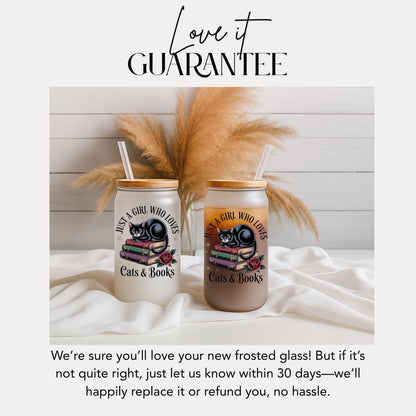 Just A Girl Who Loves Cats And Books Frosted Glass Cup 16oz Frosted Glass Tumbler with Bamboo Lid & Straw Cute Black Cat Gift For Cat Moms
