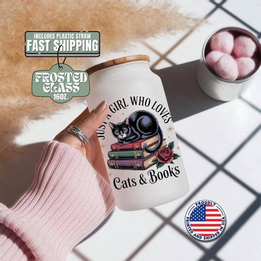 Just A Girl Who Loves Cats And Books Frosted Glass Cup 16oz Frosted Glass Tumbler with Bamboo Lid & Straw Cute Black Cat Gift For Cat Moms