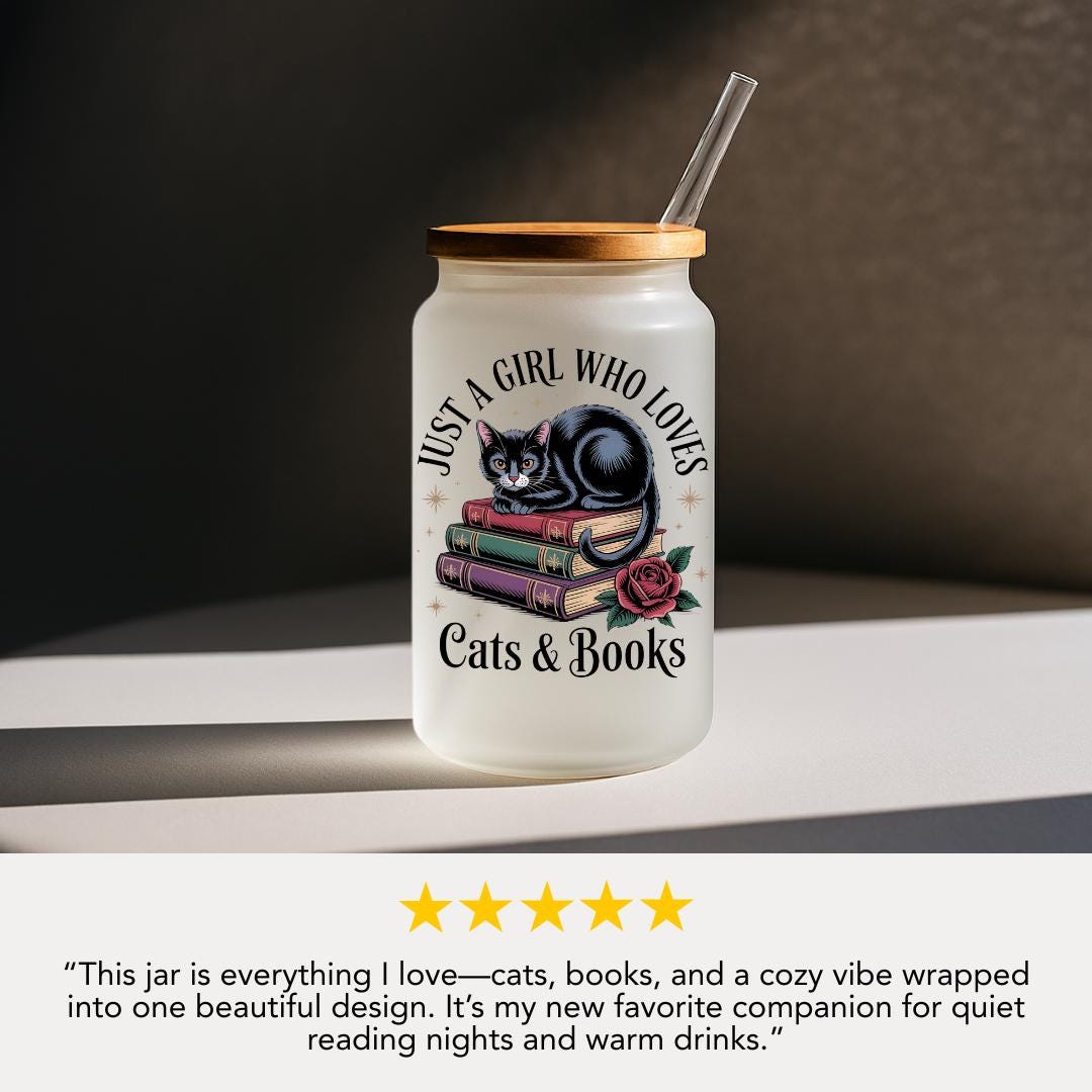 Just A Girl Who Loves Cats And Books Frosted Glass Cup 16oz Frosted Glass Tumbler with Bamboo Lid & Straw Cute Black Cat Gift For Cat Moms