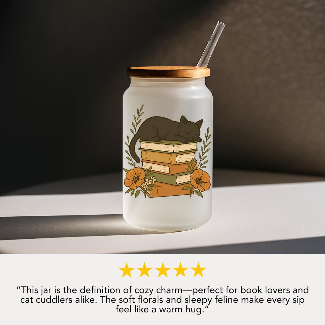 Cute Cat Tumbler with Books and Flowers 16oz Frosted Glass Cup with Bamboo Lid & Book Lover Gift for Readers Writers Teachers Coffee Glass