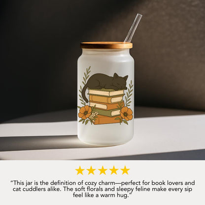 Cute Cat Tumbler with Books and Flowers 16oz Frosted Glass Cup with Bamboo Lid & Book Lover Gift for Readers Writers Teachers Coffee Glass