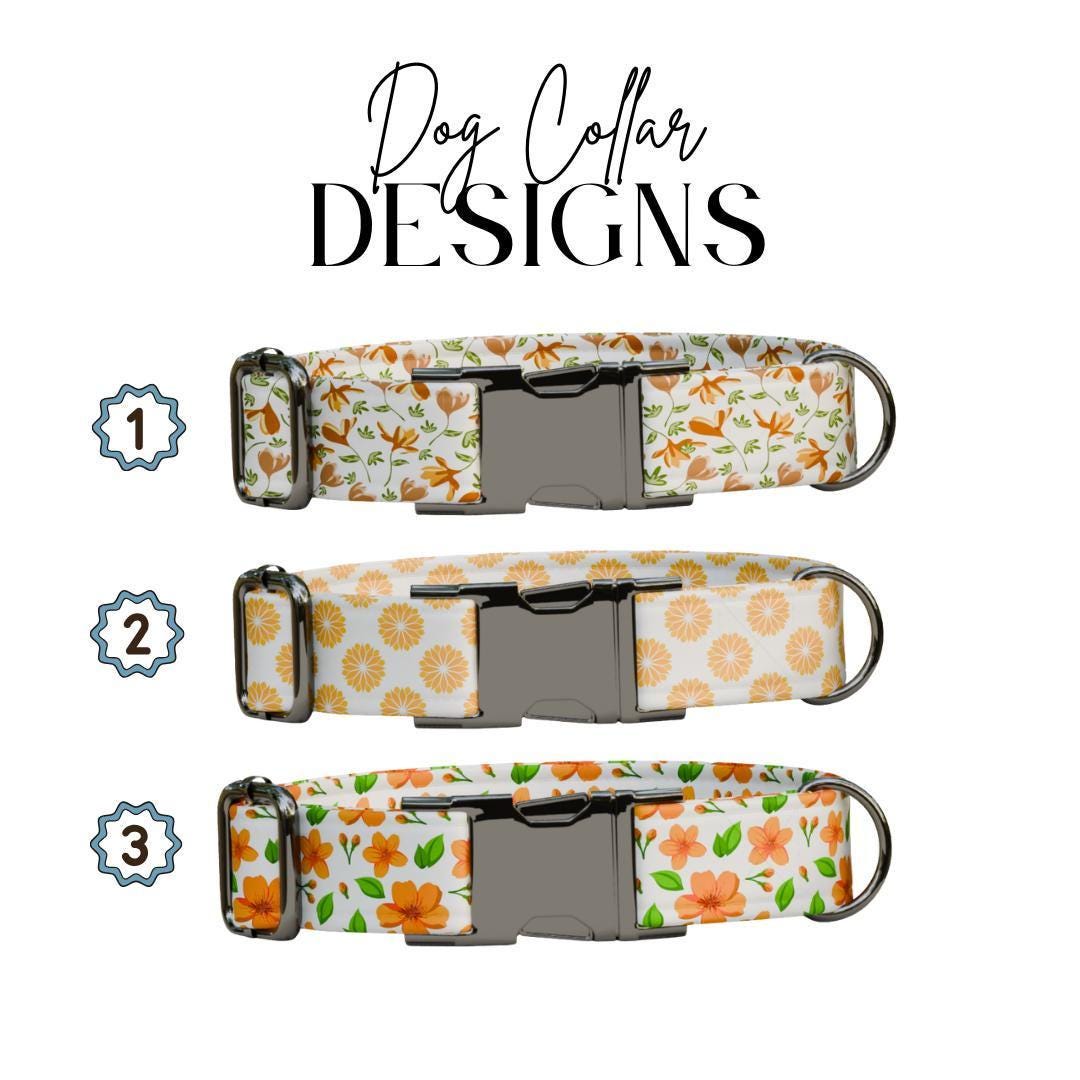 Personalized Orange Floral Dog Collar with Name Engraved Cute and Soft Adjustable Collar & Leash Set, Black or Gold Buckle Dog Gift (OG-109)