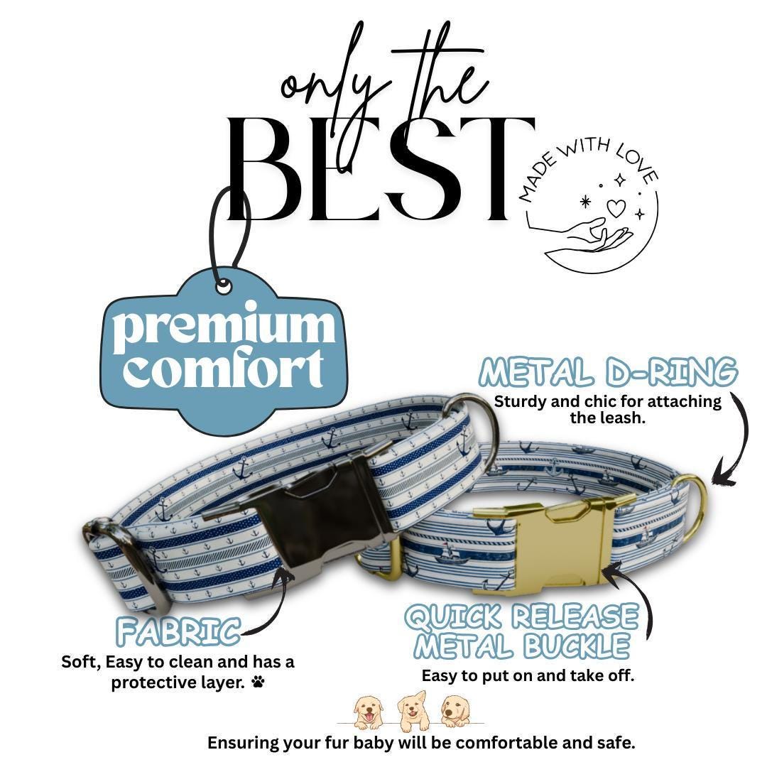 Personalized Nautical Dog Collar with Name Engraved Cute and Soft Anchor Adjustable Collar & Leash Set Black Gold Buckle Dog Gift (OG-115)