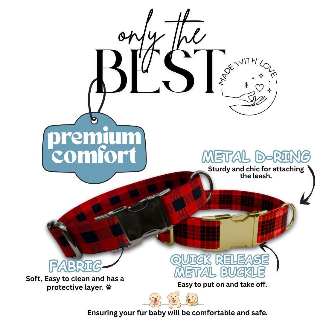 Personalized Red Plaid Dog Collar with Name Engraved, Cute and Soft Adjustable Collar & Leash Set, Black or Gold Buckle Dog Gift (OG-16)