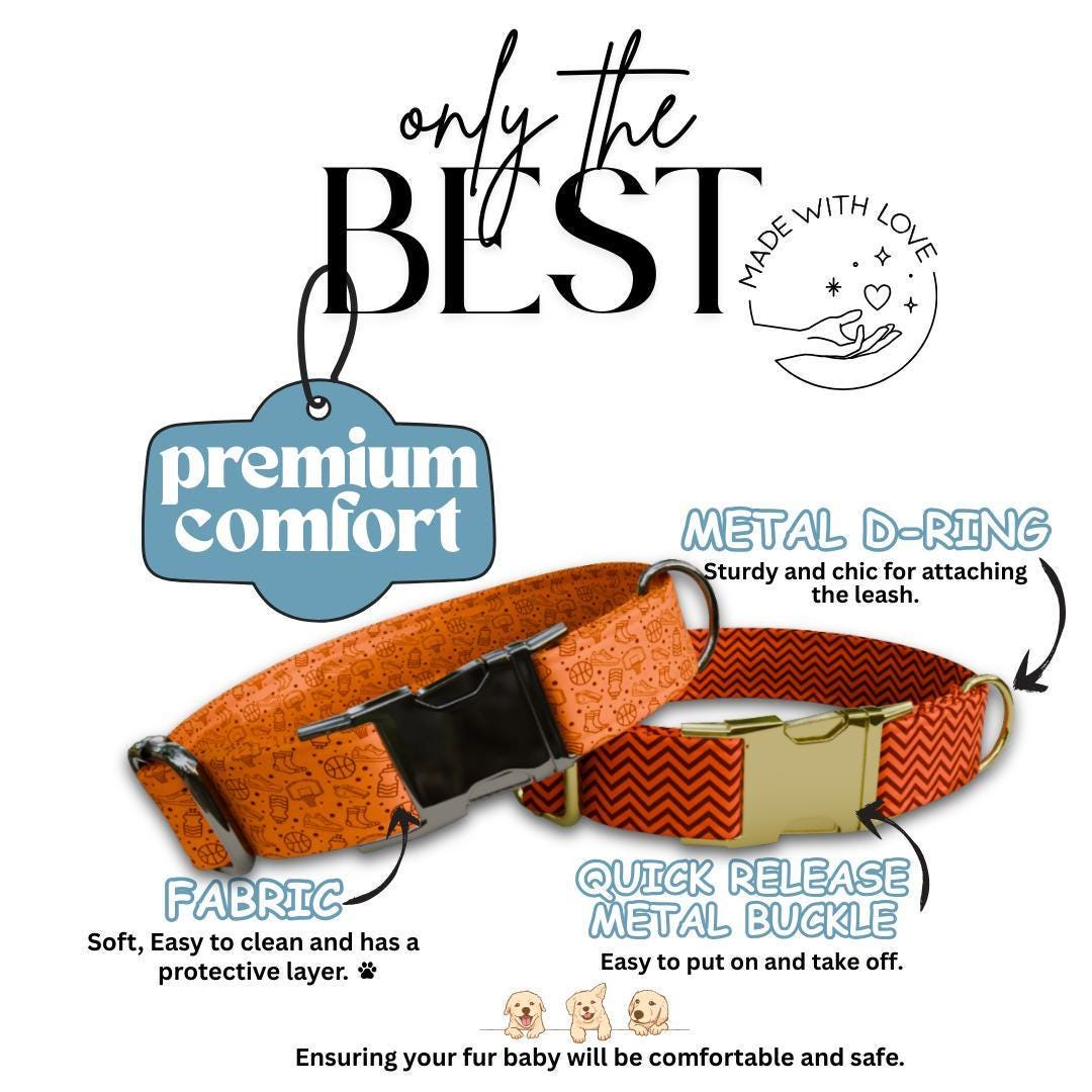 Personalized Basketball Dog Collar with Name Engraved Cute and Soft Sports Adjustable Collar & Leash Set Black Gold Buckle Dog Gift (OG-117)