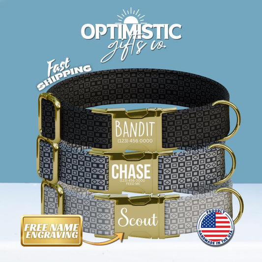 Personalized Modern Geometric Dog Collar with Name Engraved, Cute and Soft Adjustable Collar & Leash Set, Black Gold Buckle Dog Gift (OG-10)