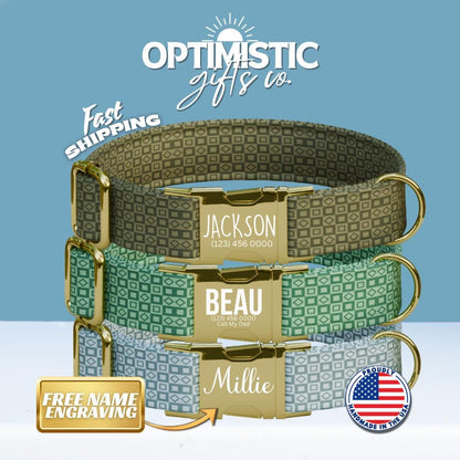 Personalized Modern Geometric Dog Collar with Name Engraved, Cute and Soft Adjustable Collar & Leash Set, Black Gold Buckle Dog Gift (OG-11)
