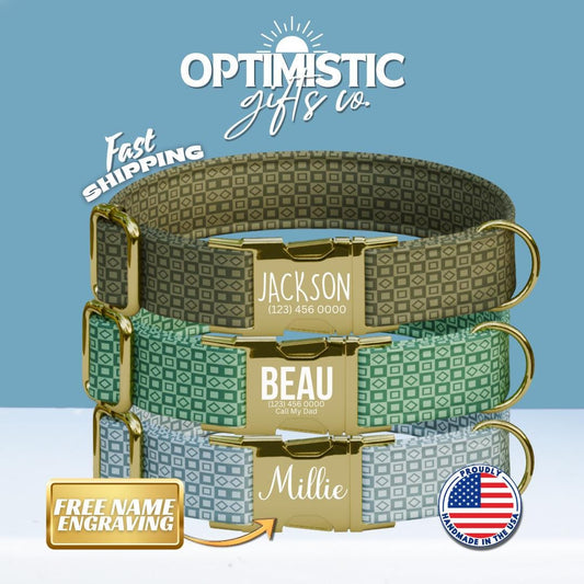 Personalized Modern Geometric Dog Collar with Name Engraved, Cute and Soft Adjustable Collar & Leash Set, Black Gold Buckle Dog Gift (OG-11)