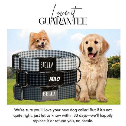 Personalized Gingham Fabric Dog Collar with Name Engraved, Cute and Soft Adjustable Collar & Leash Set Black or Gold Buckle Dog Gift (OG-54)