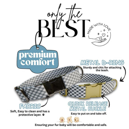 Personalized Gingham Fabric Dog Collar with Name Engraved, Cute and Soft Adjustable Collar & Leash Set Black or Gold Buckle Dog Gift (OG-22)