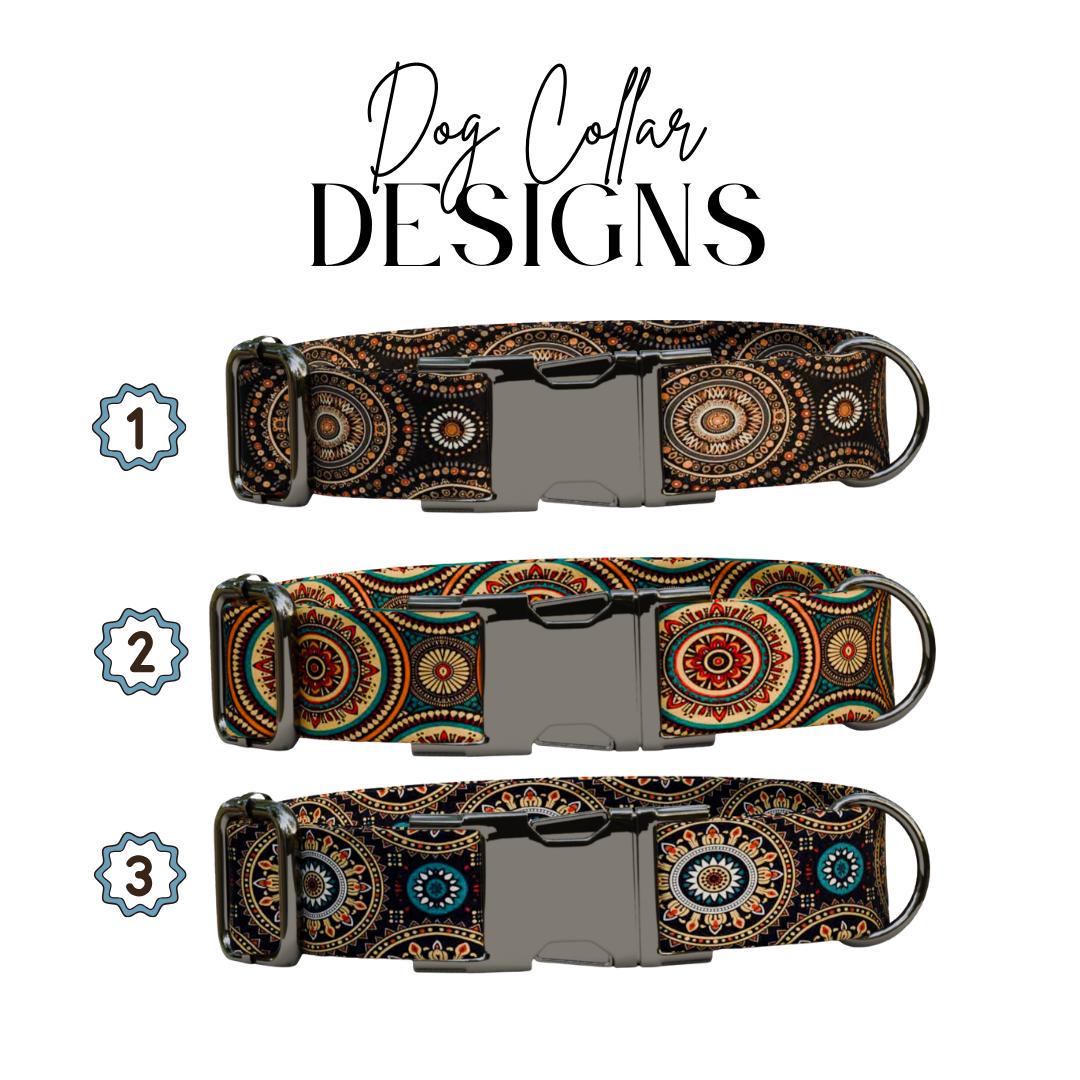 Personalized Mandala Boho Dog Collar with Name Engraved, Cute and Soft Adjustable Collar & Leash Set, Black or Gold Buckle Dog Gift (OG-26)