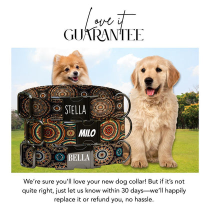 Personalized Mandala Boho Dog Collar with Name Engraved, Cute and Soft Adjustable Collar & Leash Set, Black or Gold Buckle Dog Gift (OG-26)