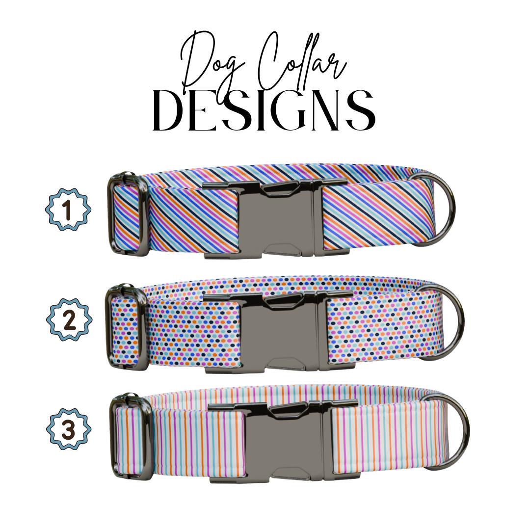 Personalized Stripes and Dots Dog Collar with Name Engraved Cute and Soft Adjustable Collar & Leash Set Black / Gold Buckle Dog Gift (OG-89)