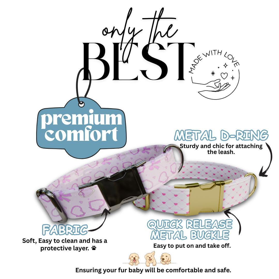 Personalized Valentine Heart Dog Collar with Name Engraved, Cute Soft Adjustable Collar & Leash, Set Black or Gold Buckle Dog Gift (OG-100)