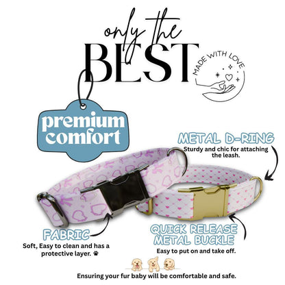 Personalized Valentine Heart Dog Collar with Name Engraved, Cute Soft Adjustable Collar & Leash, Set Black or Gold Buckle Dog Gift (OG-100)