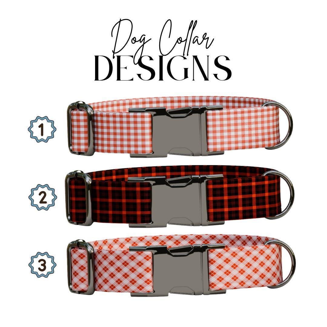Personalized Autumn Gingham Dog Collar with Name Engraved, Cute and Soft Adjustable Collar & Leash Set Black or Gold Buckle Dog Gift (OG-59)