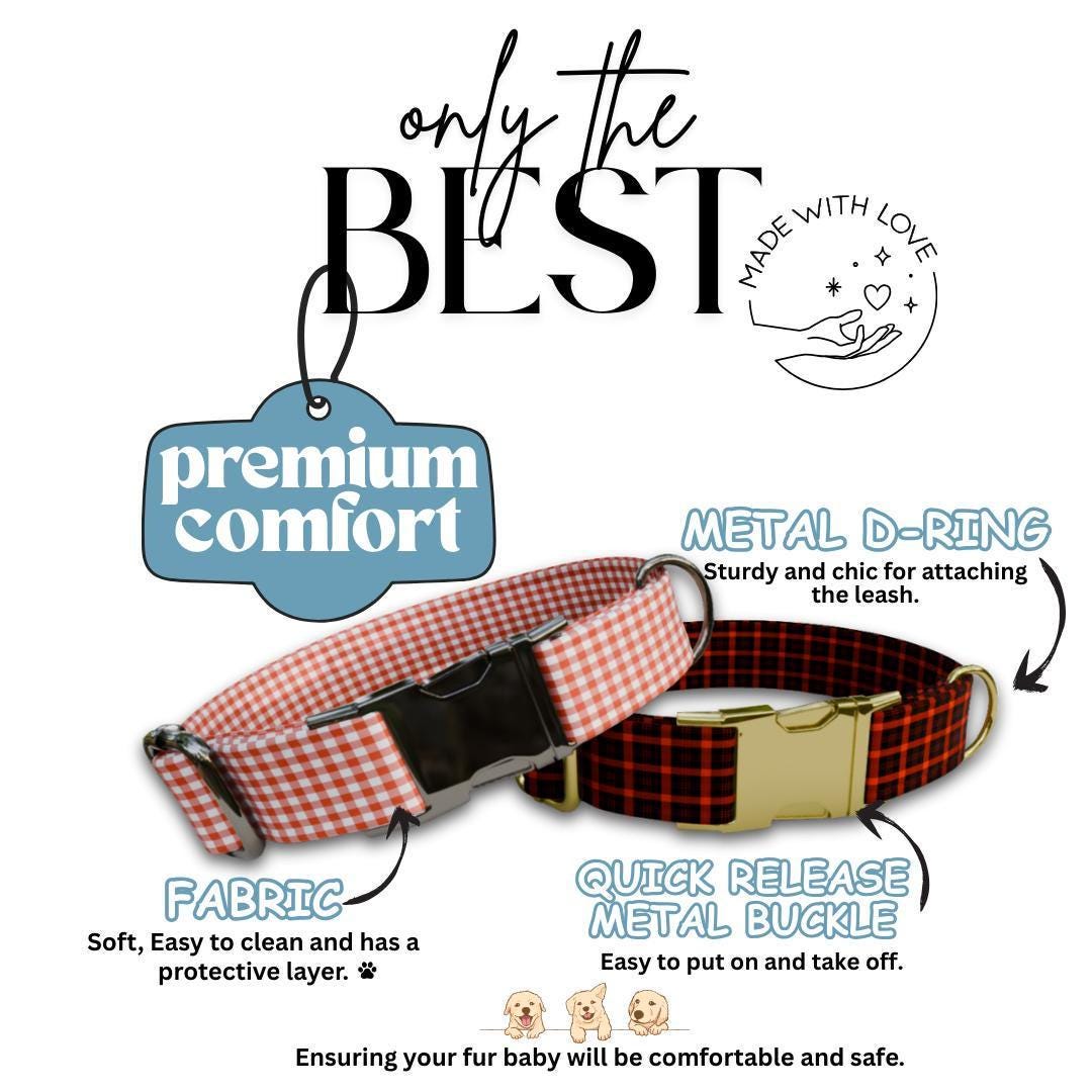 Personalized Autumn Gingham Dog Collar with Name Engraved, Cute and Soft Adjustable Collar & Leash Set Black or Gold Buckle Dog Gift (OG-59)