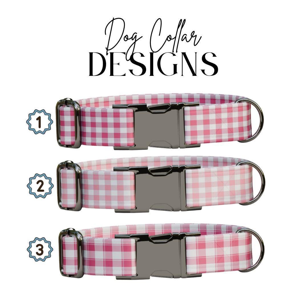 Personalized Pink Checkered Dog Collar with Name Engraved, Cute and Soft Adjustable Collar & Leash Set Black or Gold Buckle Dog Gift (OG-28)