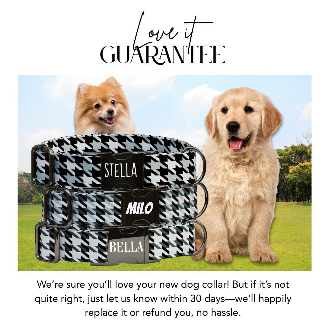 Personalized Houndstooth Dog Collar with Name Engraved, Cute and Soft Adjustable Collar & Leash Set, Black or Gold Buckle Dog Gift (OG-113)