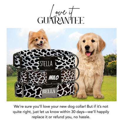 Personalized Animal Print Dog Collar with Name Engraved Cute Soft Animal Adjustable Collar & Leash Set Black / Gold Buckle Dog Gift (OG-114)