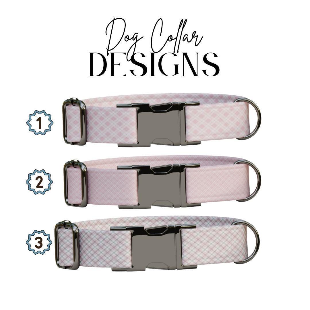 Personalized Pink Gingham Dog Collar with Name Engraved, Cute and Soft Adjustable Collar & Leash Set, Black or Gold Buckle Dog Gift (OG-24)