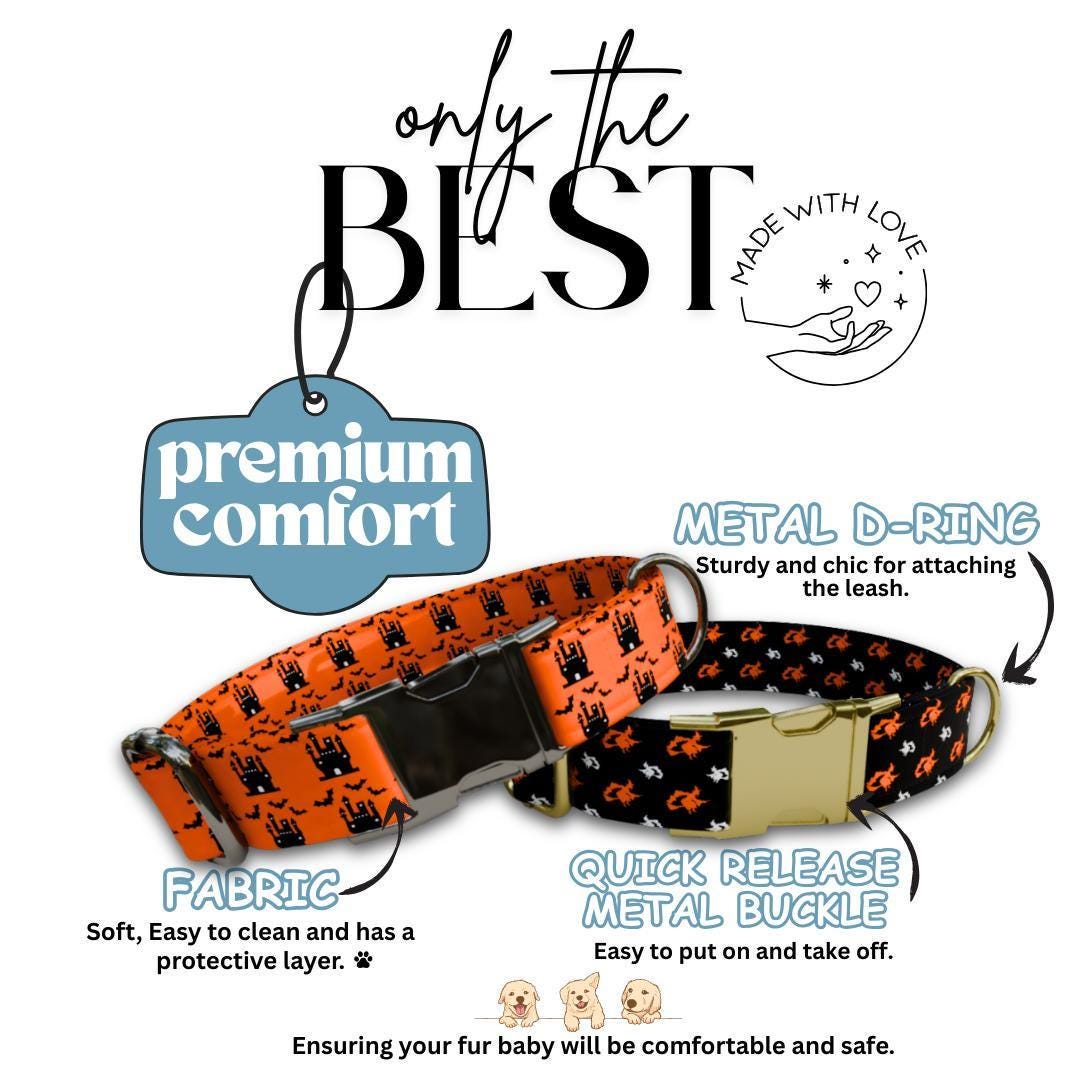 Personalized Spook-tacular Halloween Dog Collar with Name Engraved Cute and Soft Adjustable Collar & Leash Set, Pet ID Tag Dog Gift (OG-137)