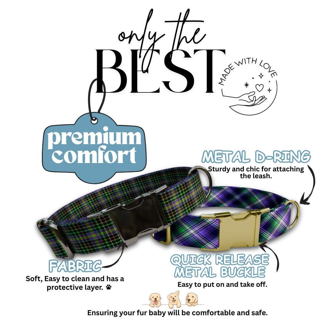 Personalized Green and Purple Plaid Dog Collar with Name Engraved, Soft Adjustable Collar & Leash Set, Black or Gold Buckle Dog Gift (OG-37)