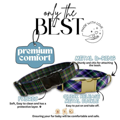 Personalized Green and Purple Plaid Dog Collar with Name Engraved, Soft Adjustable Collar & Leash Set, Black or Gold Buckle Dog Gift (OG-37)