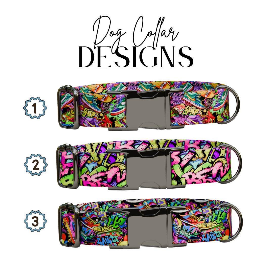 Personalized Grafitti Dog Collar with Name Engraved Cute and Soft Adjustable Collar & Leash Set Black or Gold Buckle Dog Gift (OG-103)