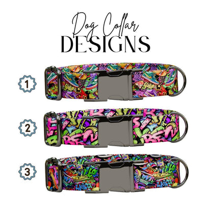 Personalized Grafitti Dog Collar with Name Engraved Cute and Soft Adjustable Collar & Leash Set Black or Gold Buckle Dog Gift (OG-103)