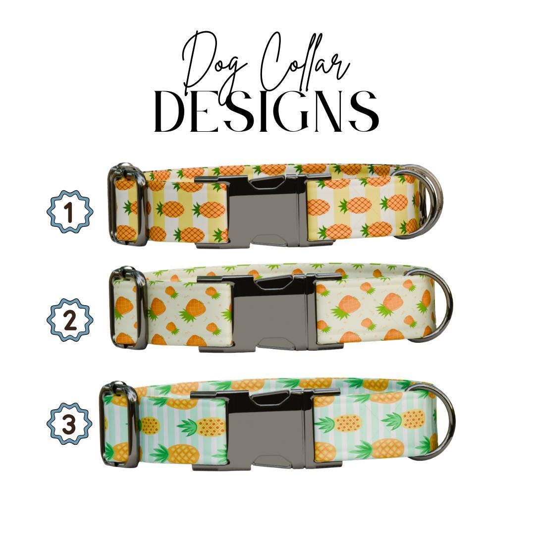 Personalized Pineapple Dog Collar with Name Engraved Cute & Soft Tropical Summer Adjustable Collar Leash Set Unique Fun Dog Tag Gift (OG-67)