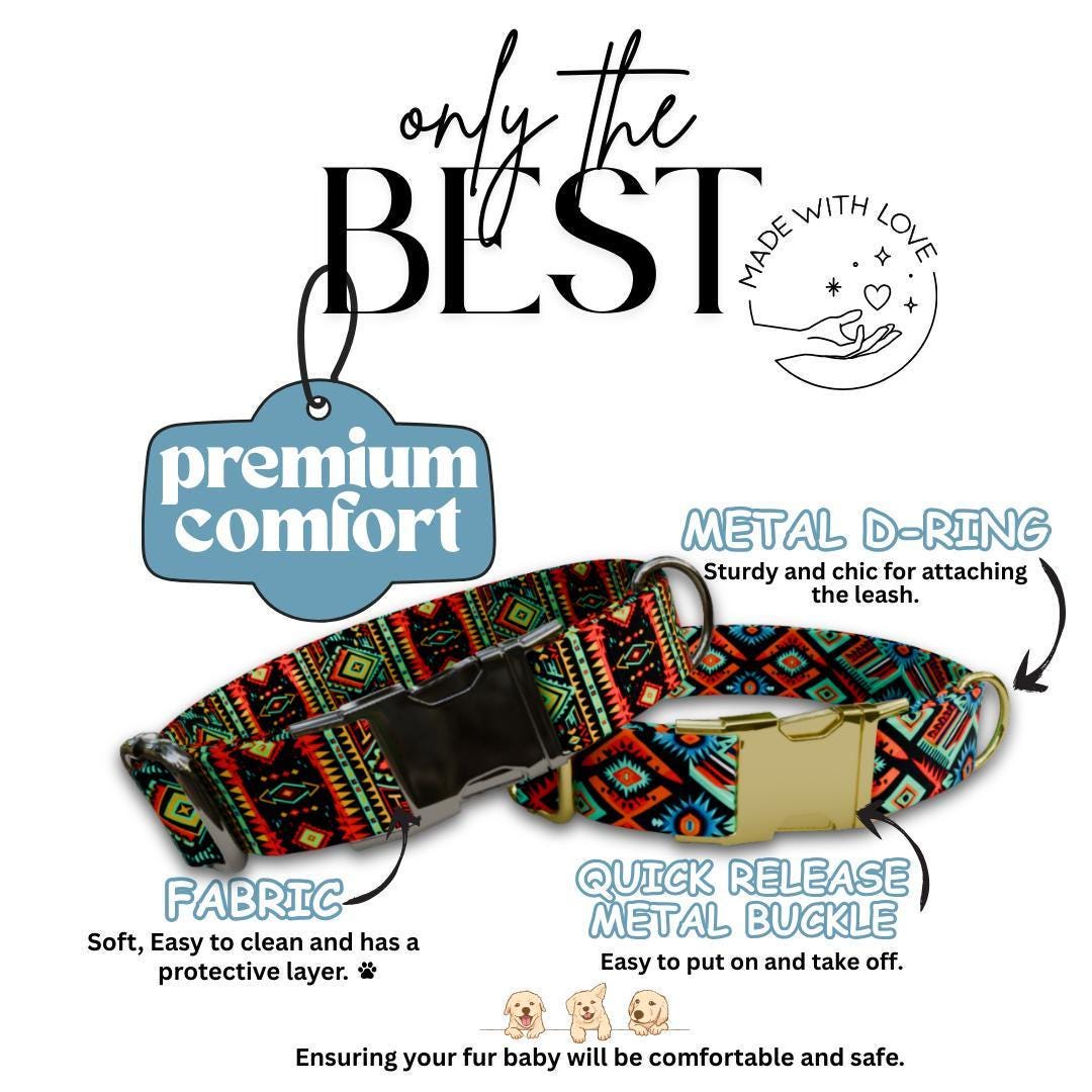 Personalized Southwestern Dog Collar with Name Engraved, Cute and Soft Adjustable Collar & Leash Set, Black or Gold Buckle Dog Gift (OG-23)