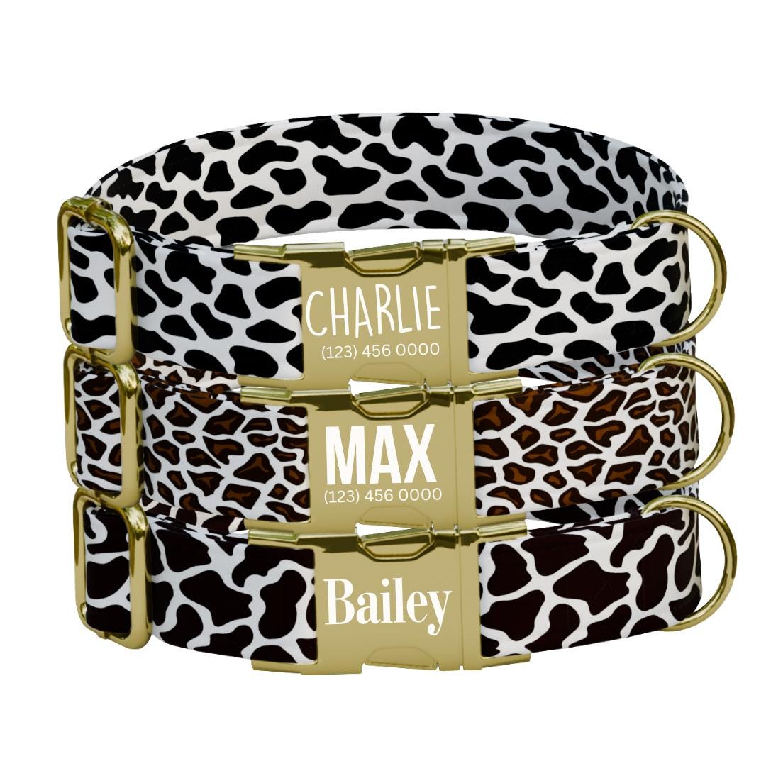 Personalized Animal Print Dog Collar with Name Engraved Cute Soft Animal Adjustable Collar & Leash Set Black / Gold Buckle Dog Gift (OG-114)