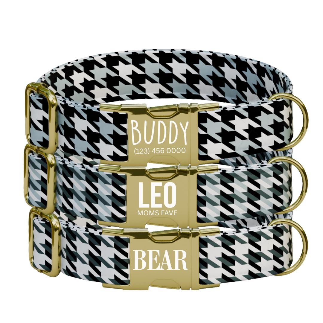 Personalized Houndstooth Dog Collar with Name Engraved, Cute and Soft Adjustable Collar & Leash Set, Black or Gold Buckle Dog Gift (OG-113)