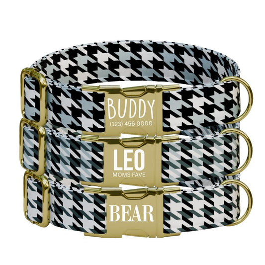 Personalized Houndstooth Dog Collar with Name Engraved, Cute and Soft Adjustable Collar & Leash Set, Black or Gold Buckle Dog Gift (OG-113)