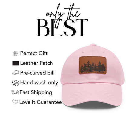 Pine Tree Forest Dad Hat with Leather Patch (Rectangle) Hiking, Camping, Travel Cap Outdoor Adventure Dad Hat Unique Cap Gift for Him or Her