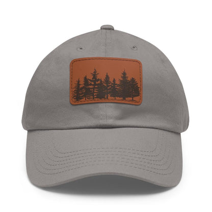 Pine Tree Forest Dad Hat with Leather Patch (Rectangle) Hiking, Camping, Travel Cap Outdoor Adventure Dad Hat Unique Cap Gift for Him or Her