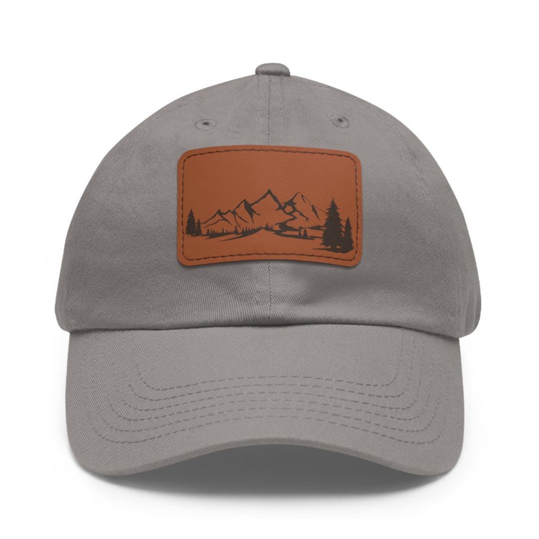 Mountain and Trees Adventure Dad Hat with Leather Patch (Rectangle) Hiking Camping Travel Cap Outdoor Lifestyle Hat Unisex Stylish Cap Gift
