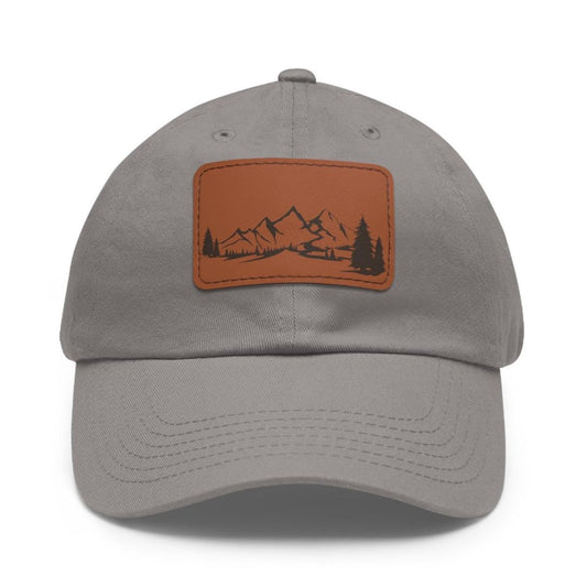 Mountain and Trees Adventure Dad Hat with Leather Patch (Rectangle) Hiking Camping Travel Cap Outdoor Lifestyle Hat Unisex Stylish Cap Gift