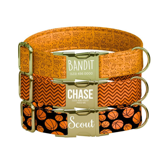 Personalized Basketball Dog Collar with Name Engraved Cute and Soft Sports Adjustable Collar & Leash Set Black Gold Buckle Dog Gift (OG-117)